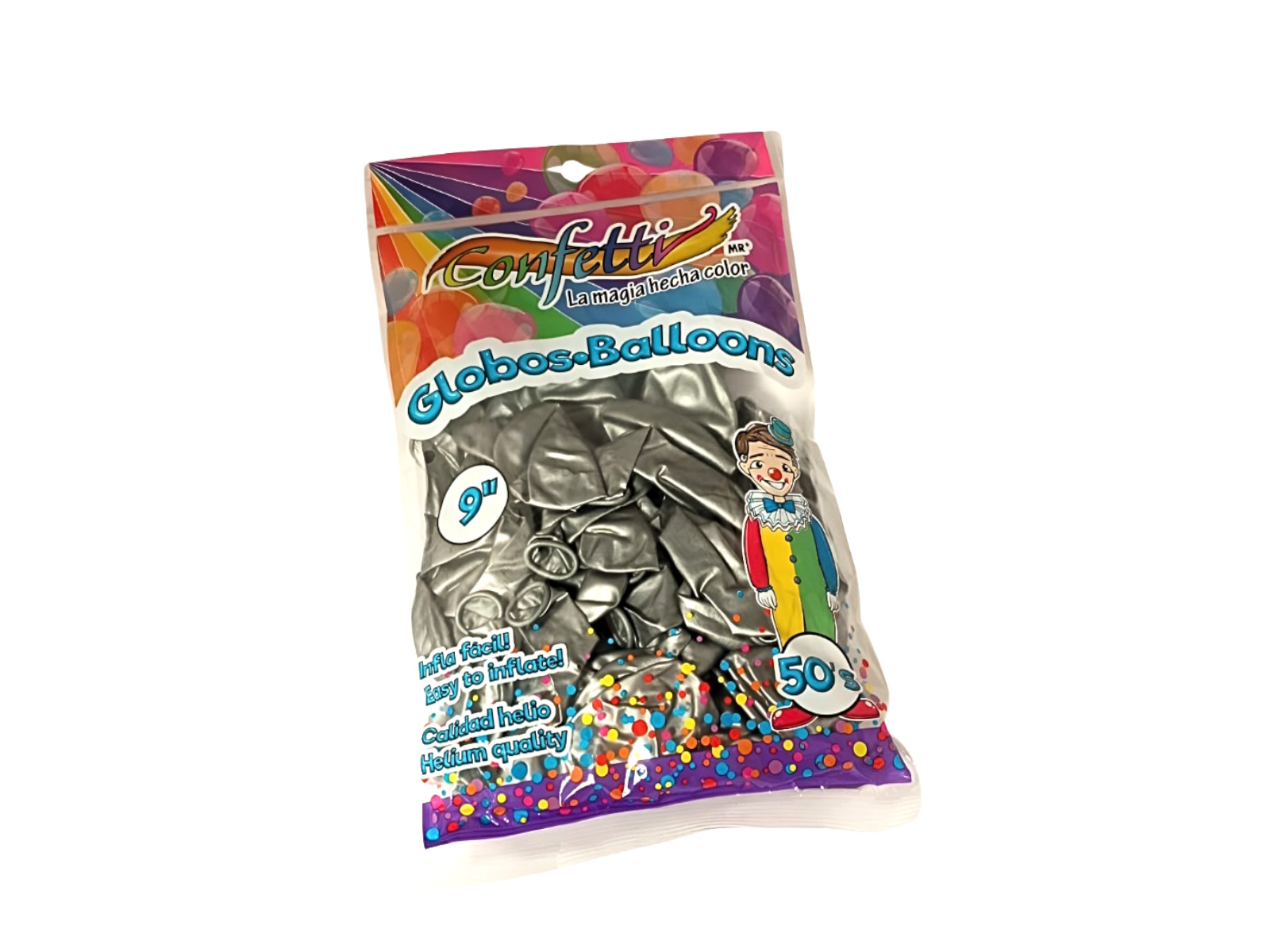 GLOBO LATEX METALICO PLATA NO.9 BOLSA C/50 GC-9-605 CONFETTI